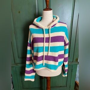 POL Bold Stripe Boxy Crop Hooded Sweater Size Small Ivory Aqua Purple